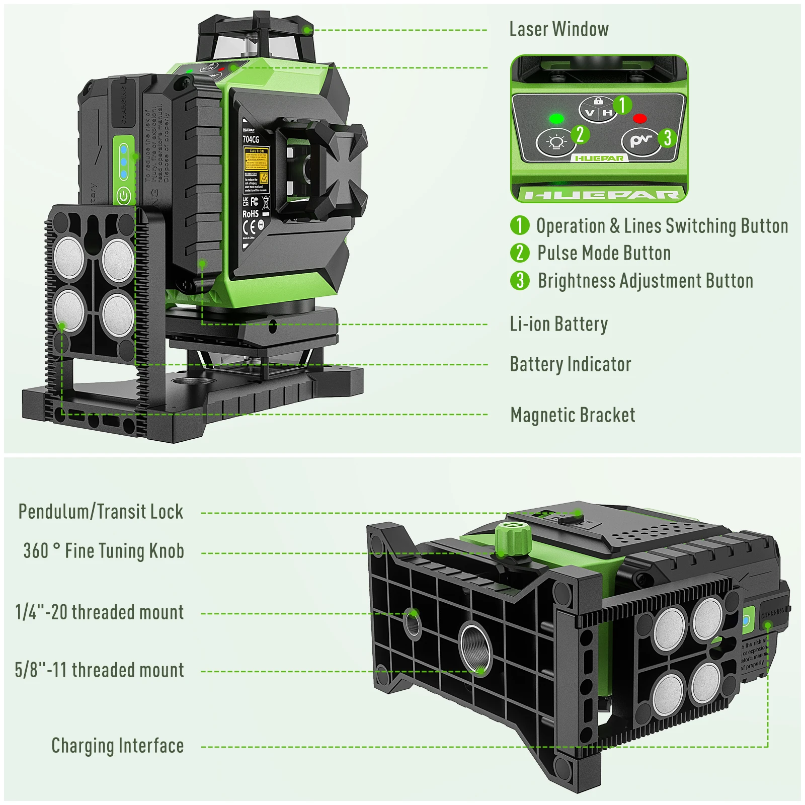 Laser Level 16 Lines 4D Green - Huepar 704CG Digital 4D 16-Line Laser